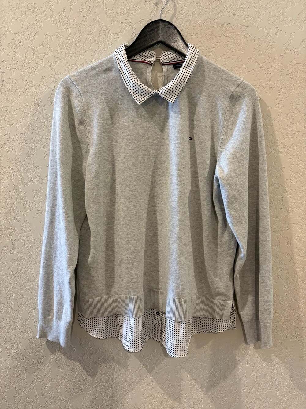 Tommy Hilfiger Women's Gray Twofer Layered Sweater with Polka Dot Collar and Hem